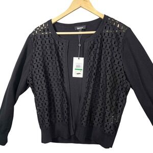 NWT DKNY Black Crochet Open Front 3 Quarter Sleeve Cardigan Womens L Career